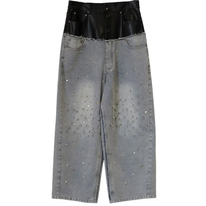 Half leather jeans metal design